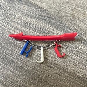 1940s Celluloid Early Plastic Patriotic Red Arrow Brooch w Charms K J C Initials
